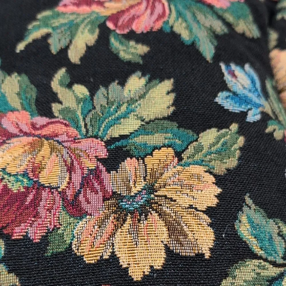 Vintage Black Velvet Floral Embroidered Throw Accent Pillow Floral Tapestry Back
